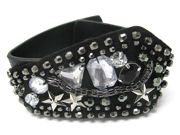 Glass stone and metallic stone stud leather wrist band