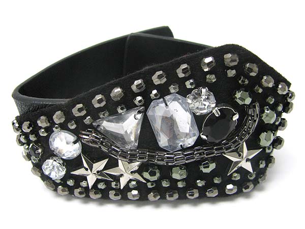 GLASS STONE AND METALLIC STONE STUD LEATHER WRIST BAND