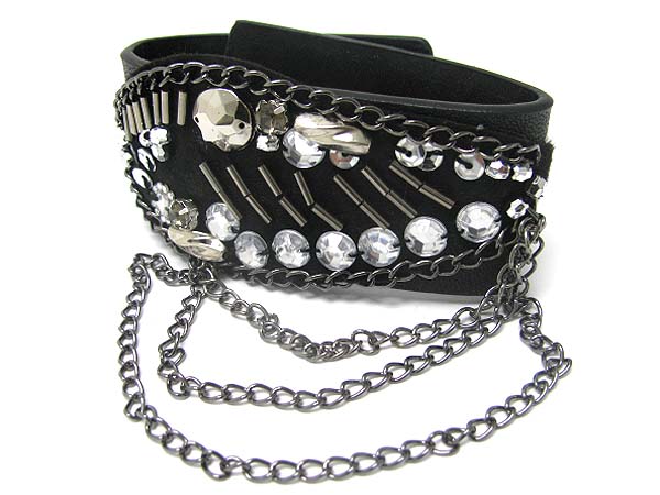 Metal cahin hanging glass stone and metallic stone stud leather wrist band