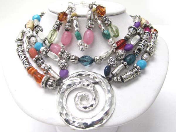 Multi stone and glass ball and metal casting round pendant necklace earring set