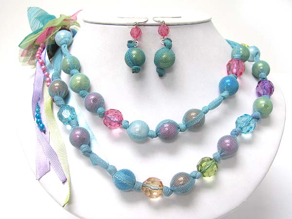 FABRIC MESH WRAPPED GLASSBEADS NECKLACE SET