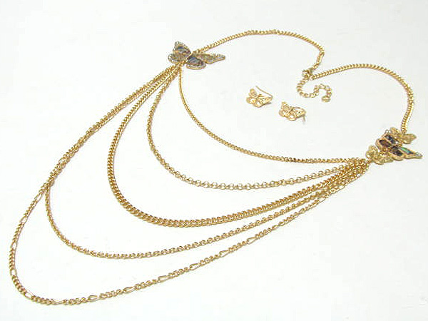 CRYSTAL SHELL BUTTERFLYS ON SIDE DROP MULTI CHAIN NECKLACE EARRING SET