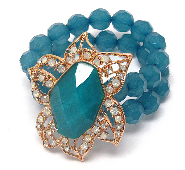 Facet acrylic stone and crystal deco flower stretch bracelet