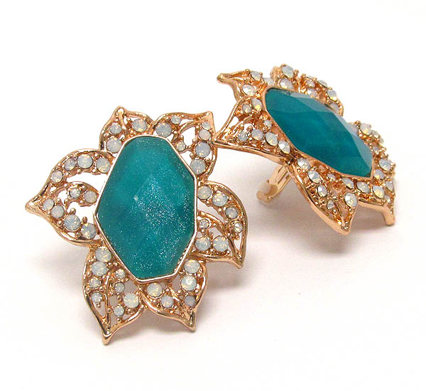 Facet acrylic stone and crystal deco flower clip on earring