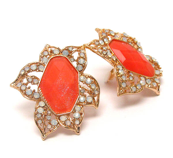 Facet acrylic stone and crystal deco flower clip on earring