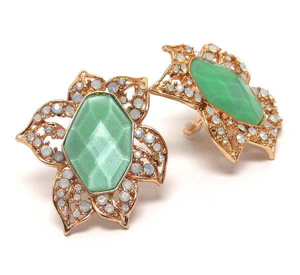 Facet acrylic stone and crystal deco flower clip on earring