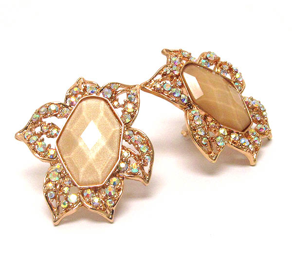 Facet acrylic stone and crystal deco flower clip on earring