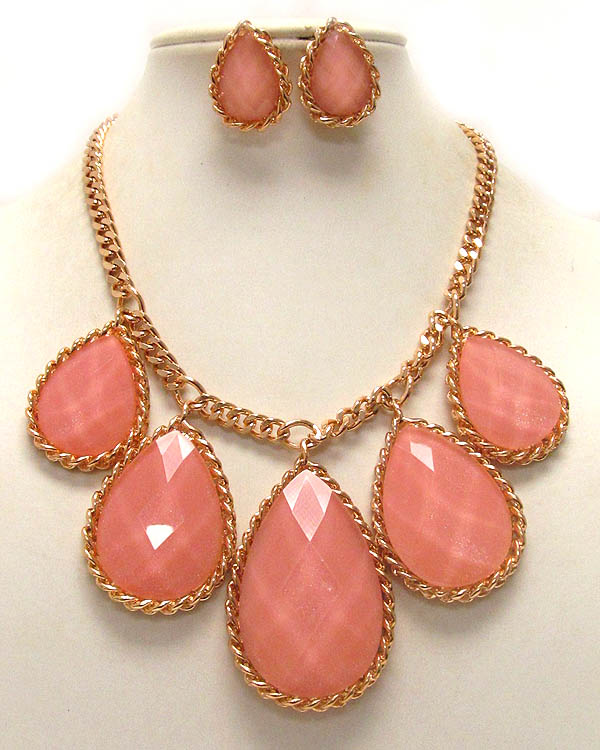 Five tear drop glass stone drop chain necklace earring set