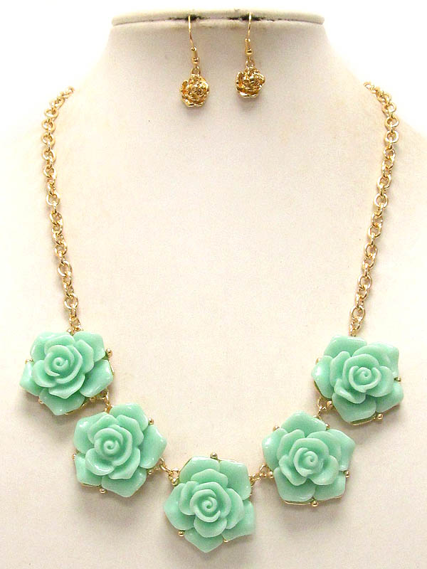 Multi acrylic rose link necklace earring set