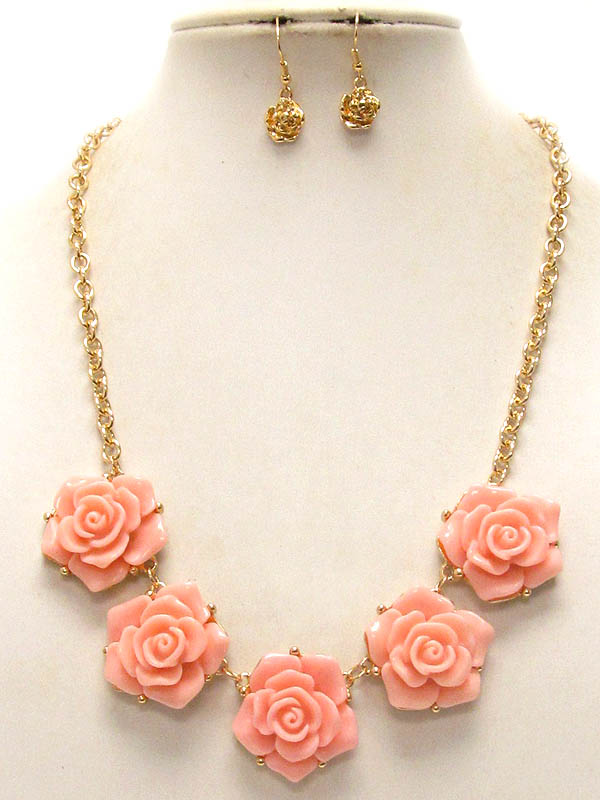 Multi acrylic rose link necklace earring set