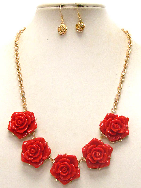 Multi acrylic rose link necklace earring set