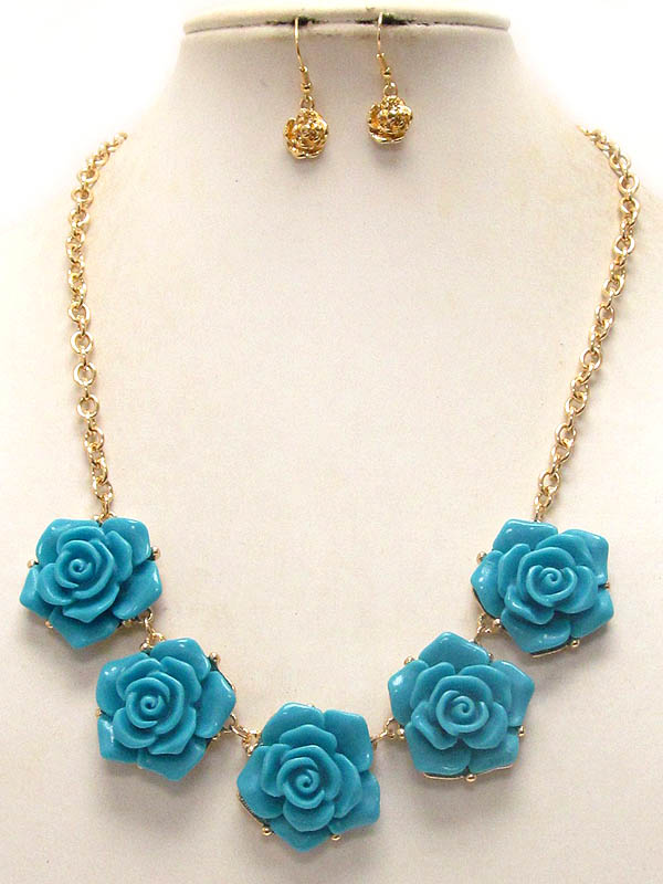 Multi acrylic rose link necklace earring set