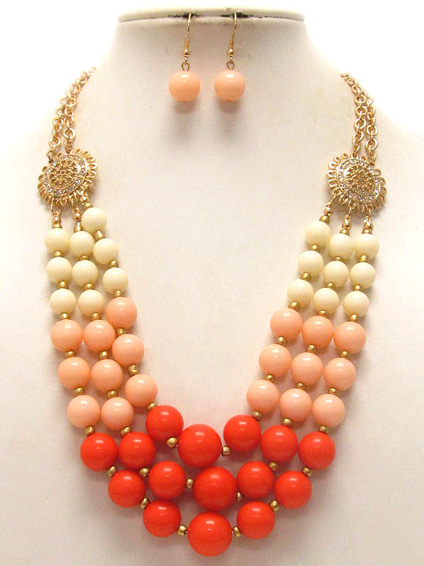 Three layered multi acrylic ball chain necklace earring set