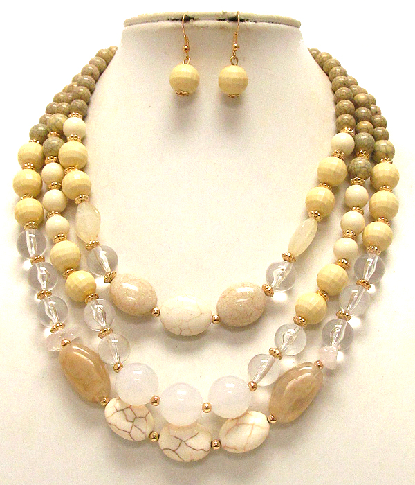 Multi acrylic and glass bead mix three layer necklace earring set