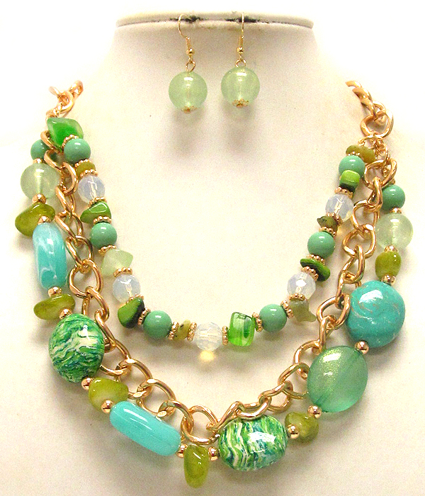 Multi acryl and glass and chain three layer necklace earring set