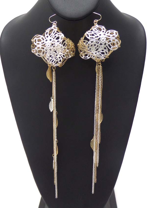 Square puffy spring vintage mixed metal filigree drop multi chain with leafs earring