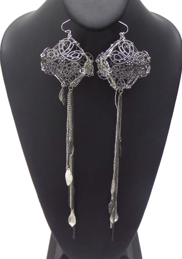 Square puffy spring vintage mixed metal filigree drop multi chain with leafs earring