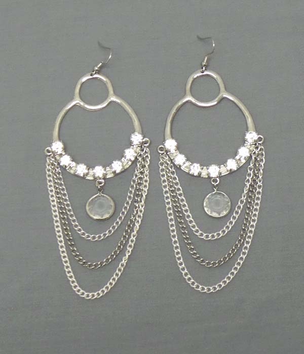 Crystal round metal and drop glass stone with multi chain drop earring