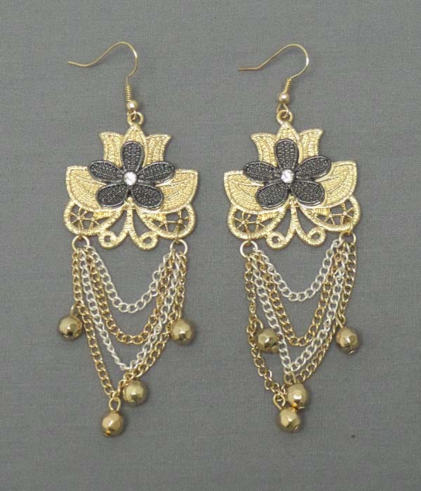 Crystal center flower and chain and ball drop earring