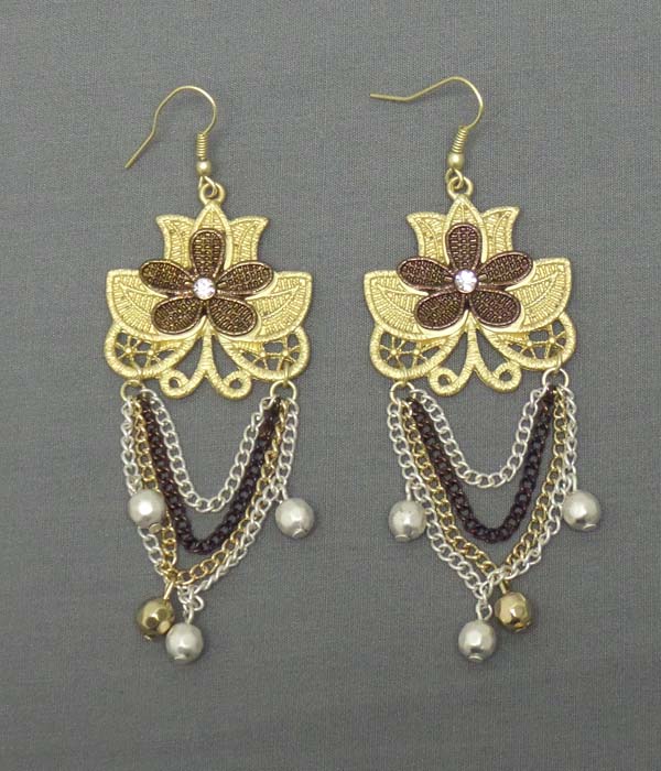 Crystal center flower and chain and ball drop earring