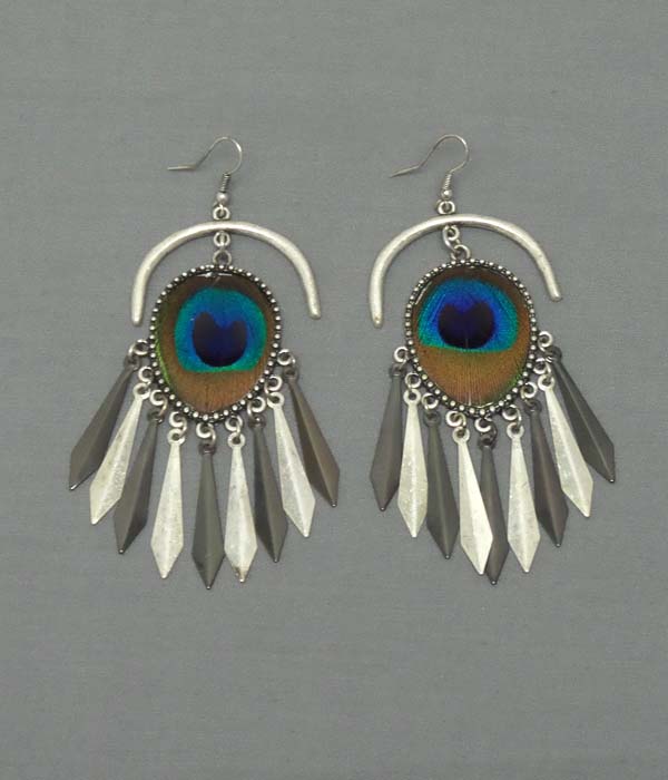 Peacock fabric deco and multi bar drop earring