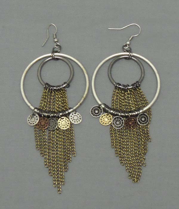 Double hoop and multi chain drop earring - hoops