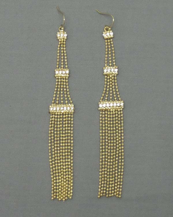 Crystal stud metal ball chain long drop earring