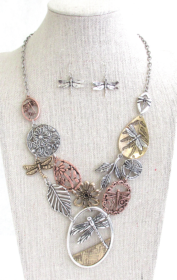 Garden theme multi charm link bib necklace set - dragonfly