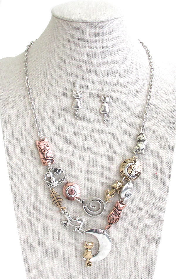 Pet lovers theme multi charm link bib necklace set - cat