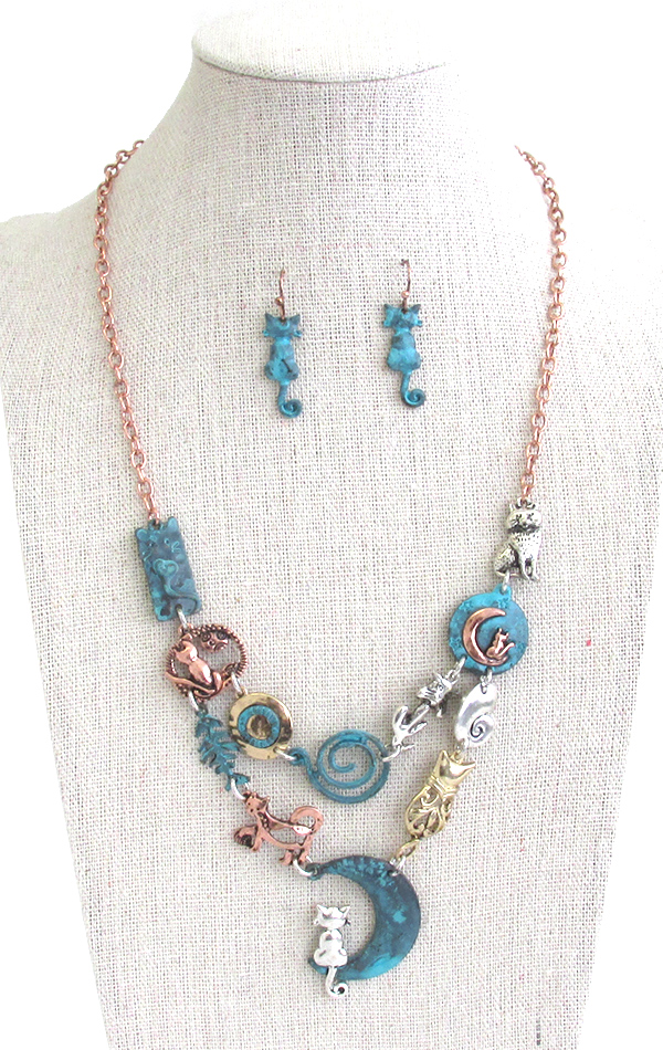 Pet lovers theme multi charm link bib necklace set - cat
