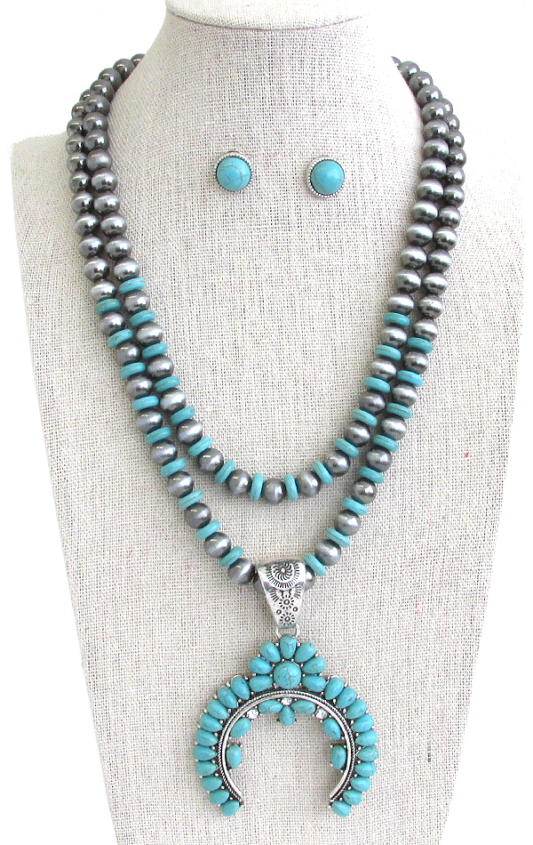 WESTERN THEME DOUBLE LAYER TURQUOISE AND NAVAJO PEARL NECKLACE SET - SQUASH BLOSSOM