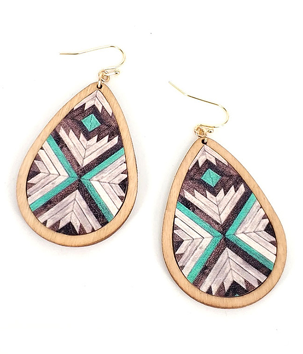 AZTEC PATTERN WOOD TEARDROP EARRING - WESTERN