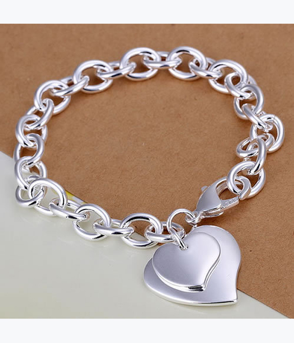 Engravable double heart charm chain bracelet