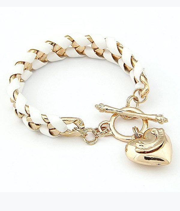 Puffy heart charm braided leather metal chain toggle bracelet