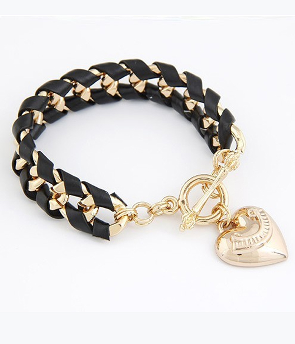 Puffy heart charm braided leather metal chain toggle bracelet