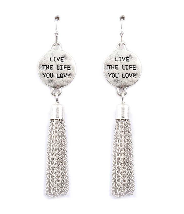 MESSAGE METAL DISK AND TASSEL DROP EARRING