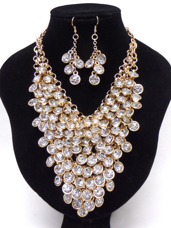 Multi crystal drop linked statement bib necklace set