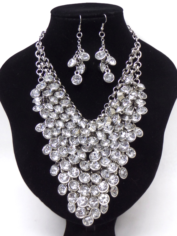 Multi crystal drop linked statement bib necklace set