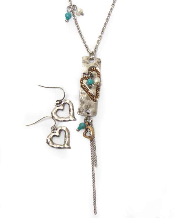Metal heart with tassel drop necklace set 