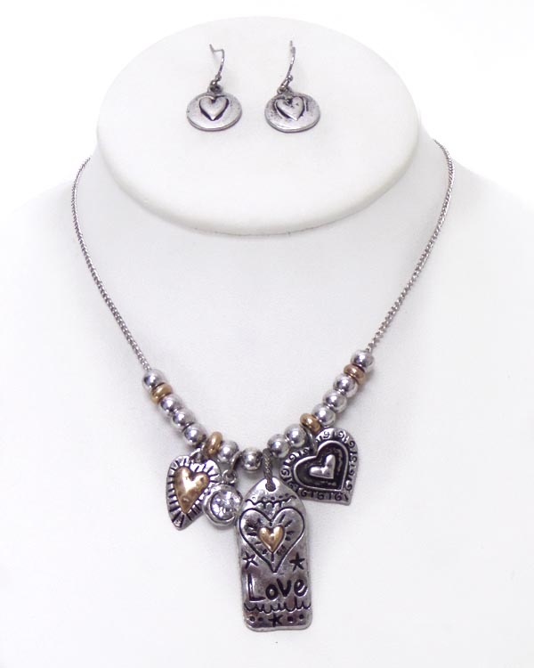 Hammered metal love theme necklace set