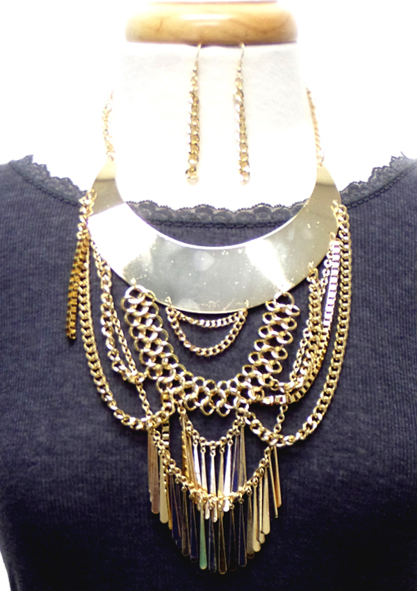 Bold multi metal drop with bar dangles necklace set 