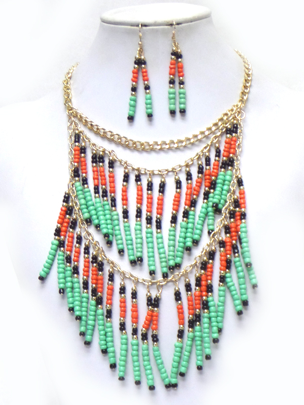 Bohemian two layer multi seedbeads drop necklace set