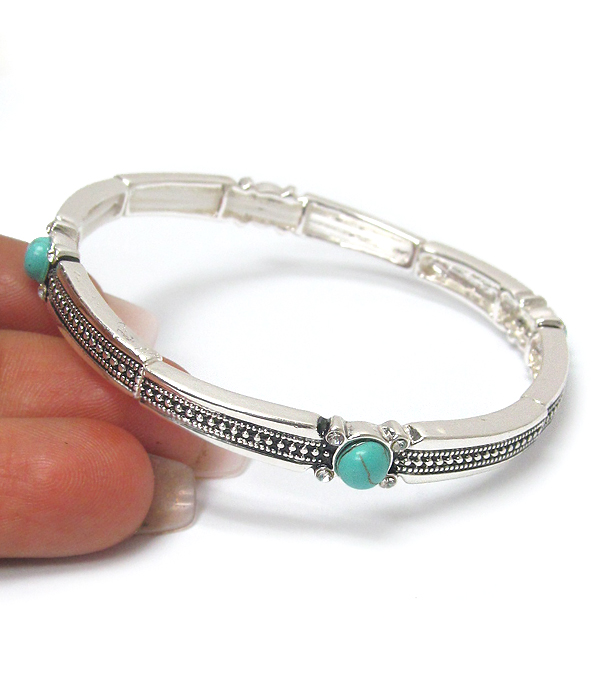 Textured metal and turquoise accent stackable stretch bracelet