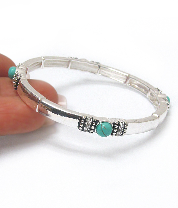 Textured metal and turquoise accent stackable stretch bracelet