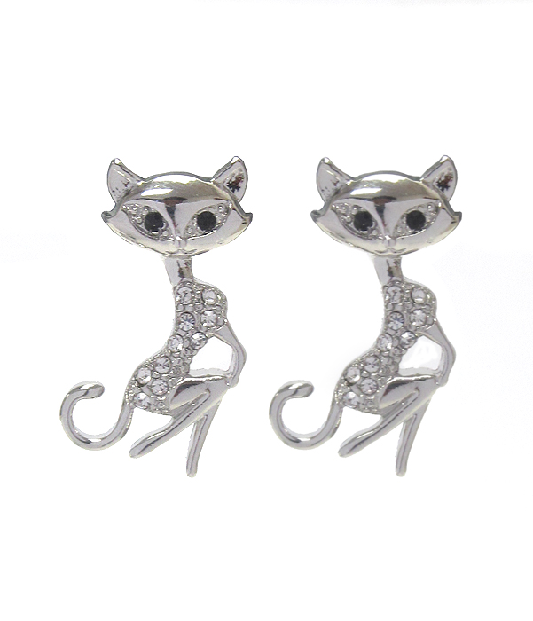 WHITEGOLD PLATING CRYSTAL CAT EARRING