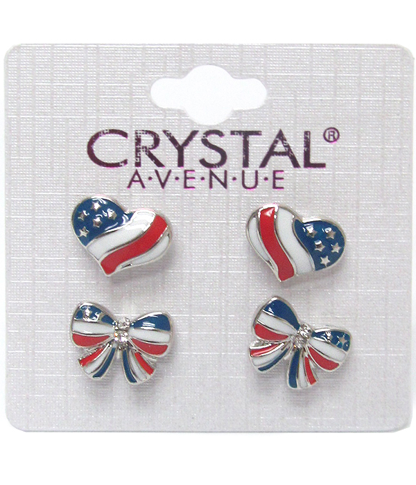 American flag heart and bow earring set