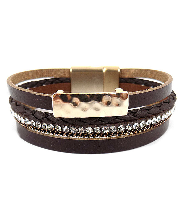Hammered metal bar and multi layer leatherette magnetic bracelet