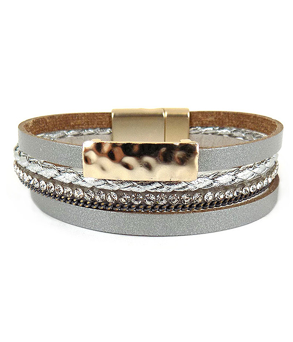 Hammered metal bar and multi layer leatherette magnetic bracelet