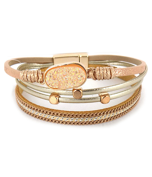 Oval druzy and multi layer leatherette magnetic bracelet