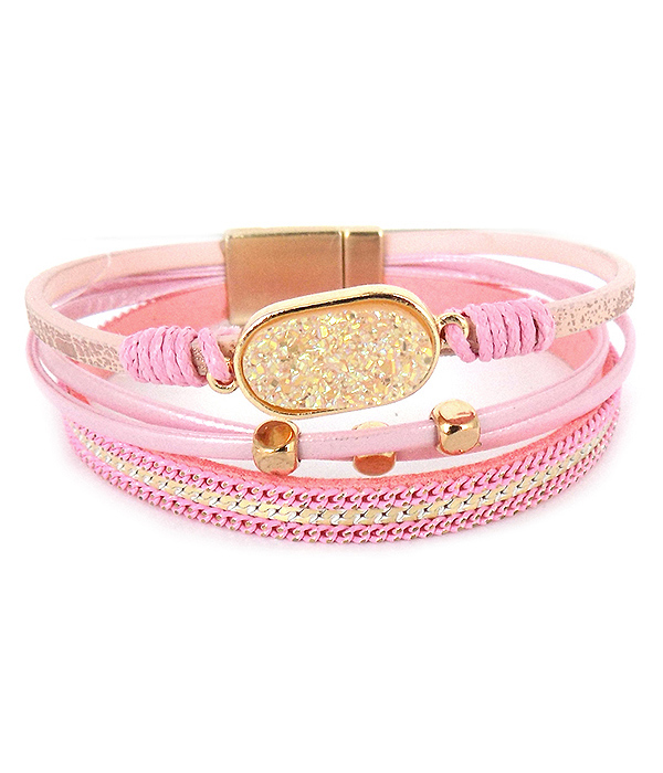 OVAL DRUZY AND MULTI LAYER LEATHERETTE MAGNETIC BRACELET